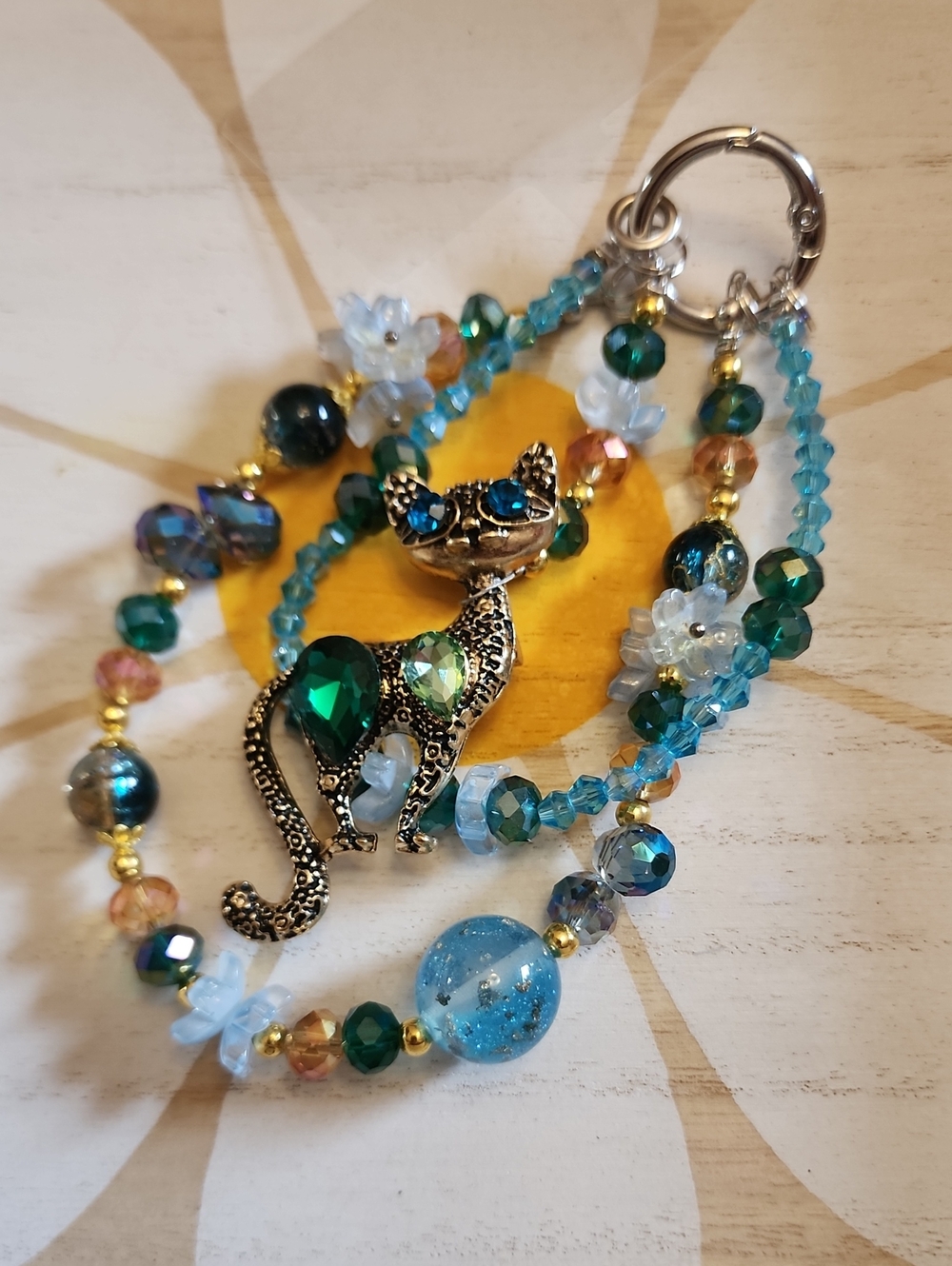 Handcrafted Cat Charm Beaded Phone Chain Accent - Blue & Green